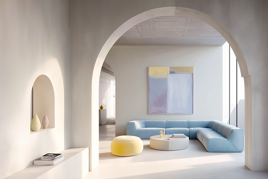 Pantone 2026 colour of the year, cloud dancer, with pastel colours in livingroom 