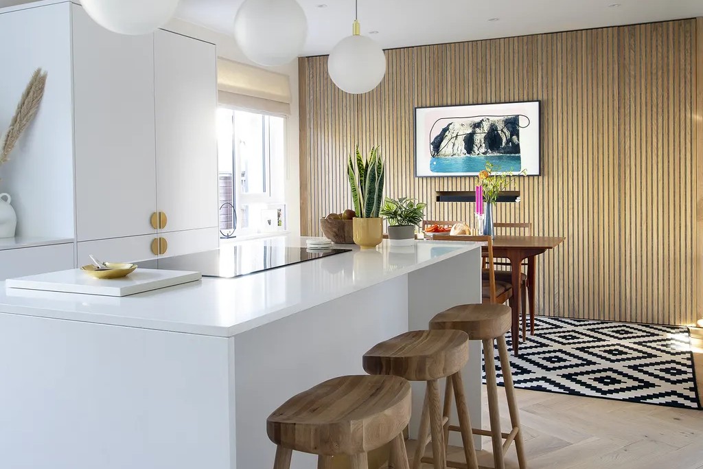 Wooden Statement wall in white kitchen 