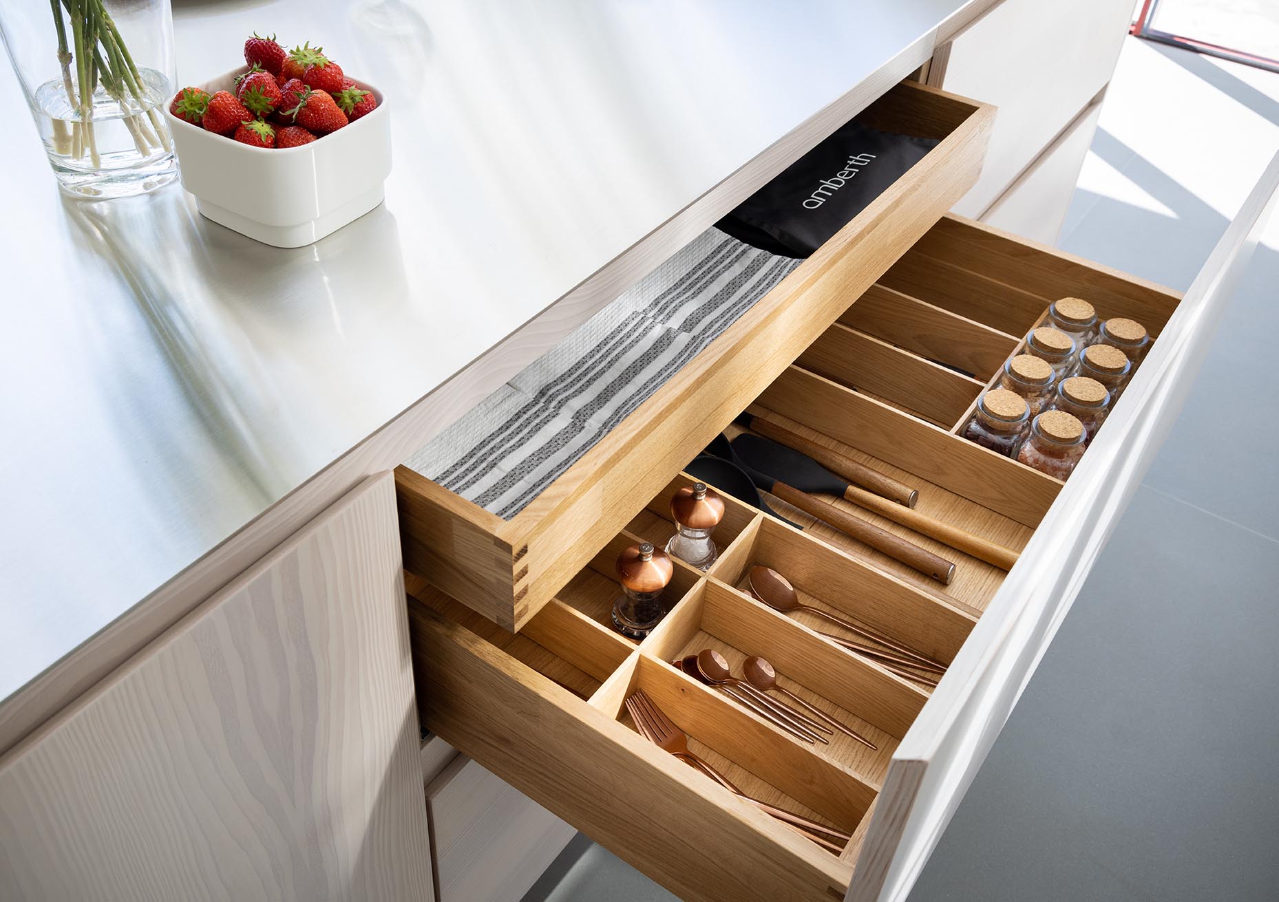 Bespoke kitchen designer London finger-joint oak drawers in handcrafted kitchen